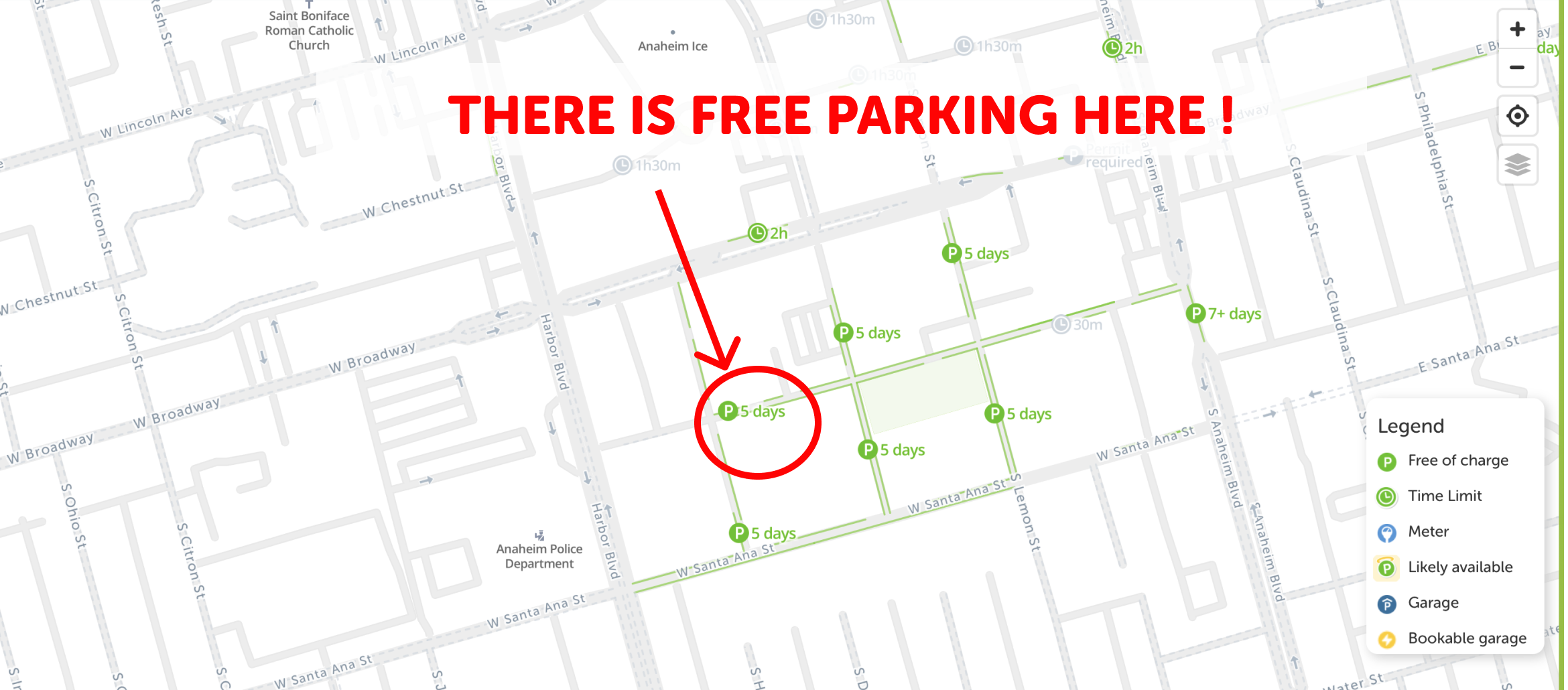 map of free parking in Anaheim - SpotAngels