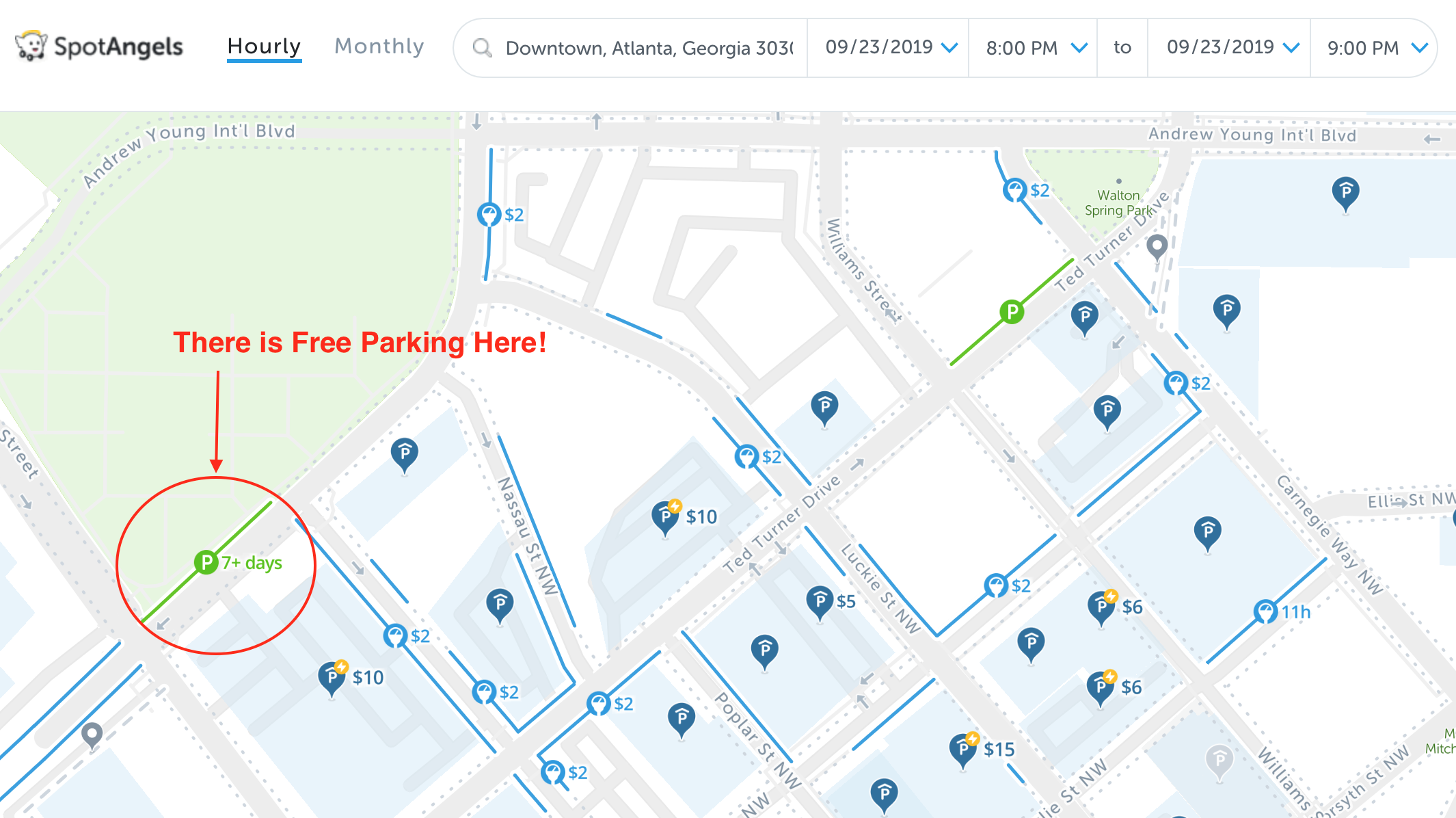 map of free parking in Atlanta - SpotAngels