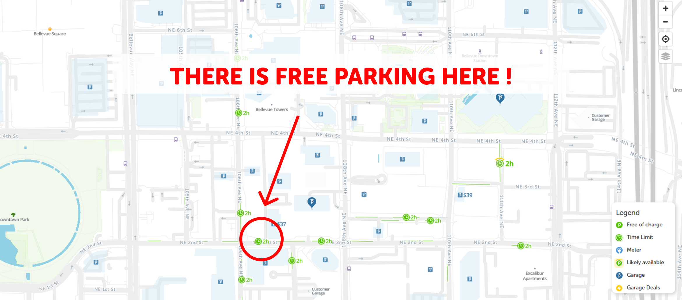 map of free parking in Bellevue - SpotAngels