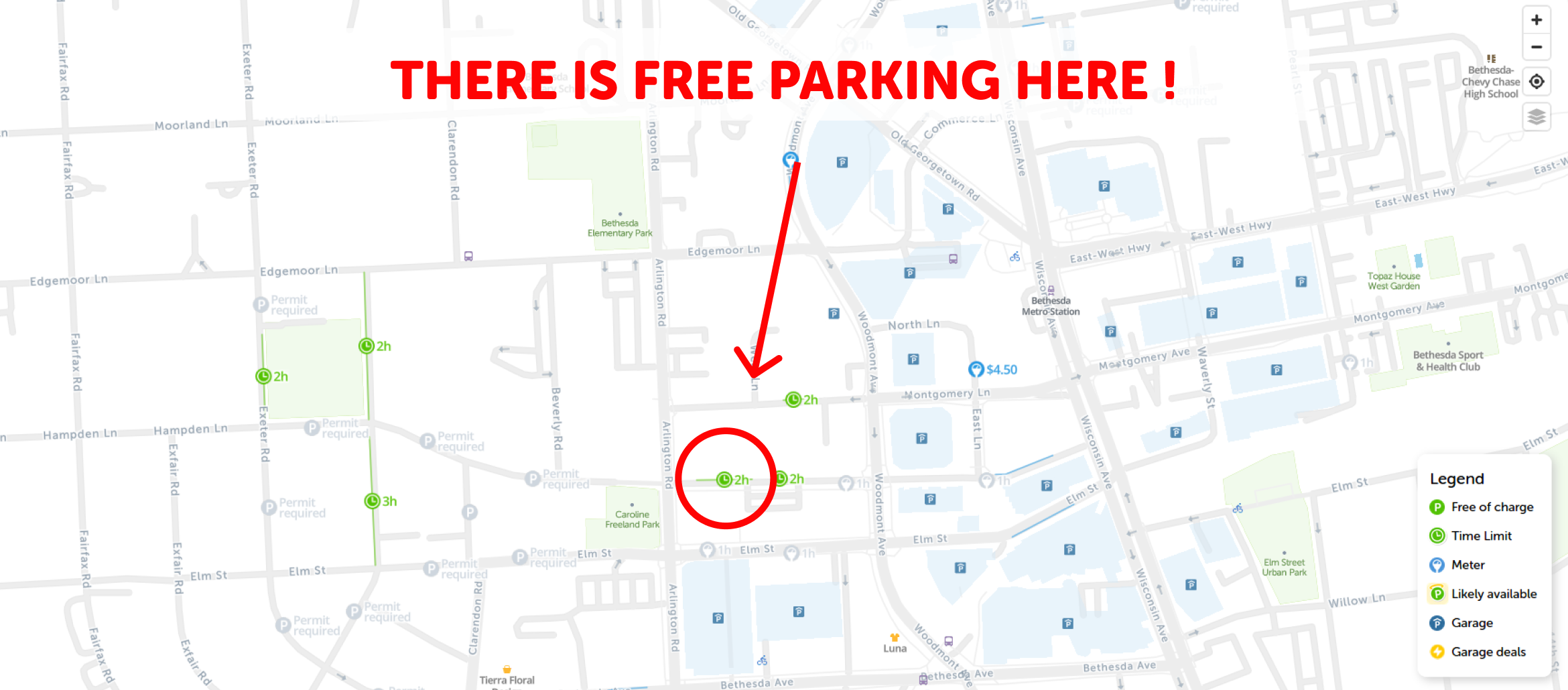 map of free parking in Bethesda - SpotAngels