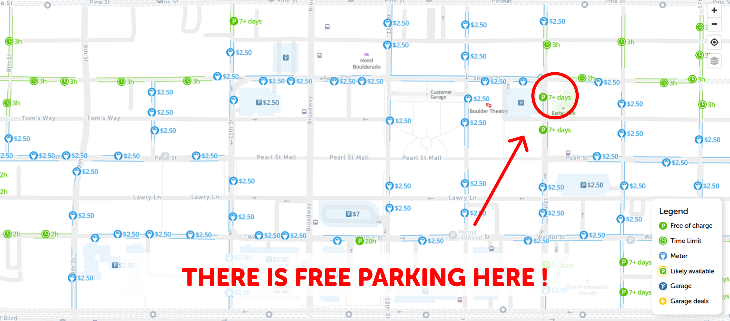 map of free parking in Boulder - SpotAngels