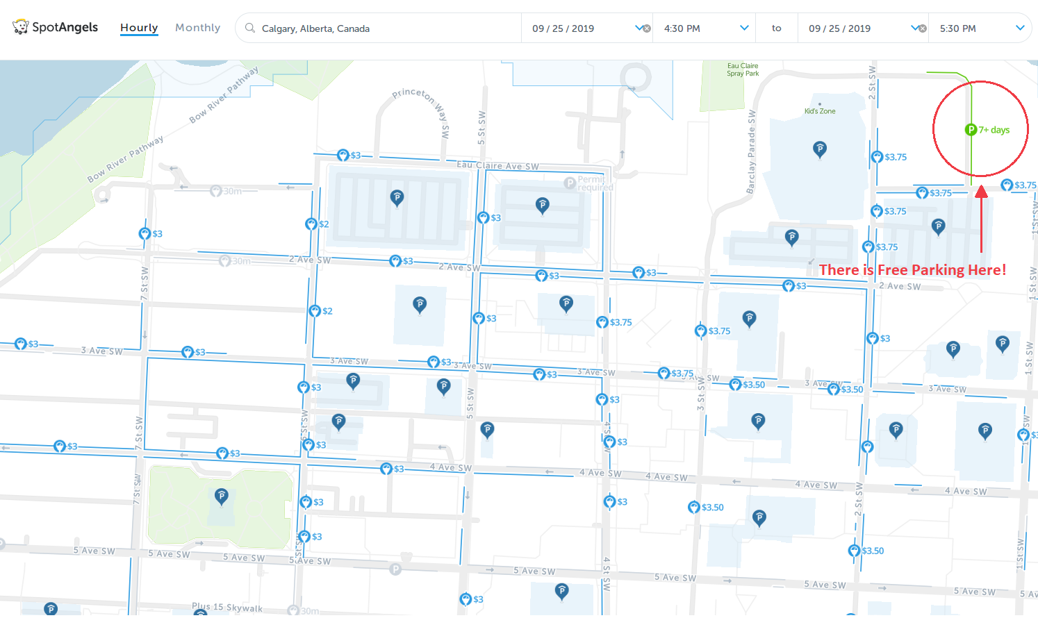 map of free parking in Calgary - SpotAngels