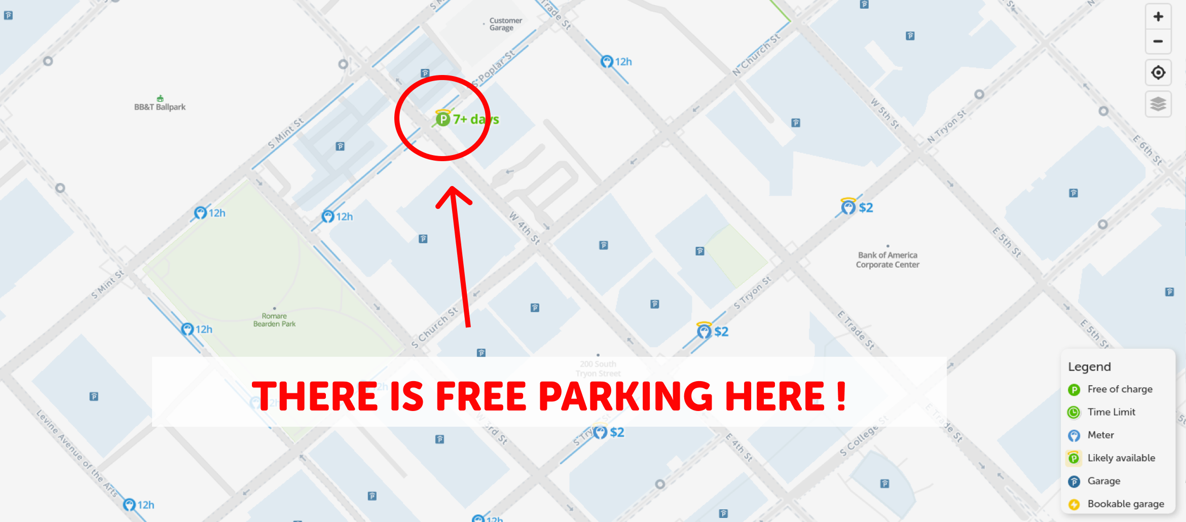 map of free parking in Charlotte - SpotAngels