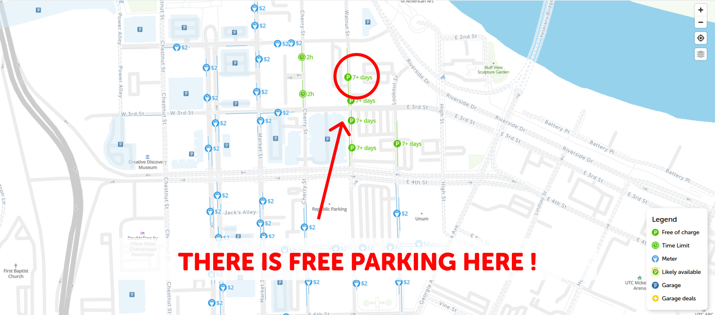 map of free parking in Chattanooga - SpotAngels