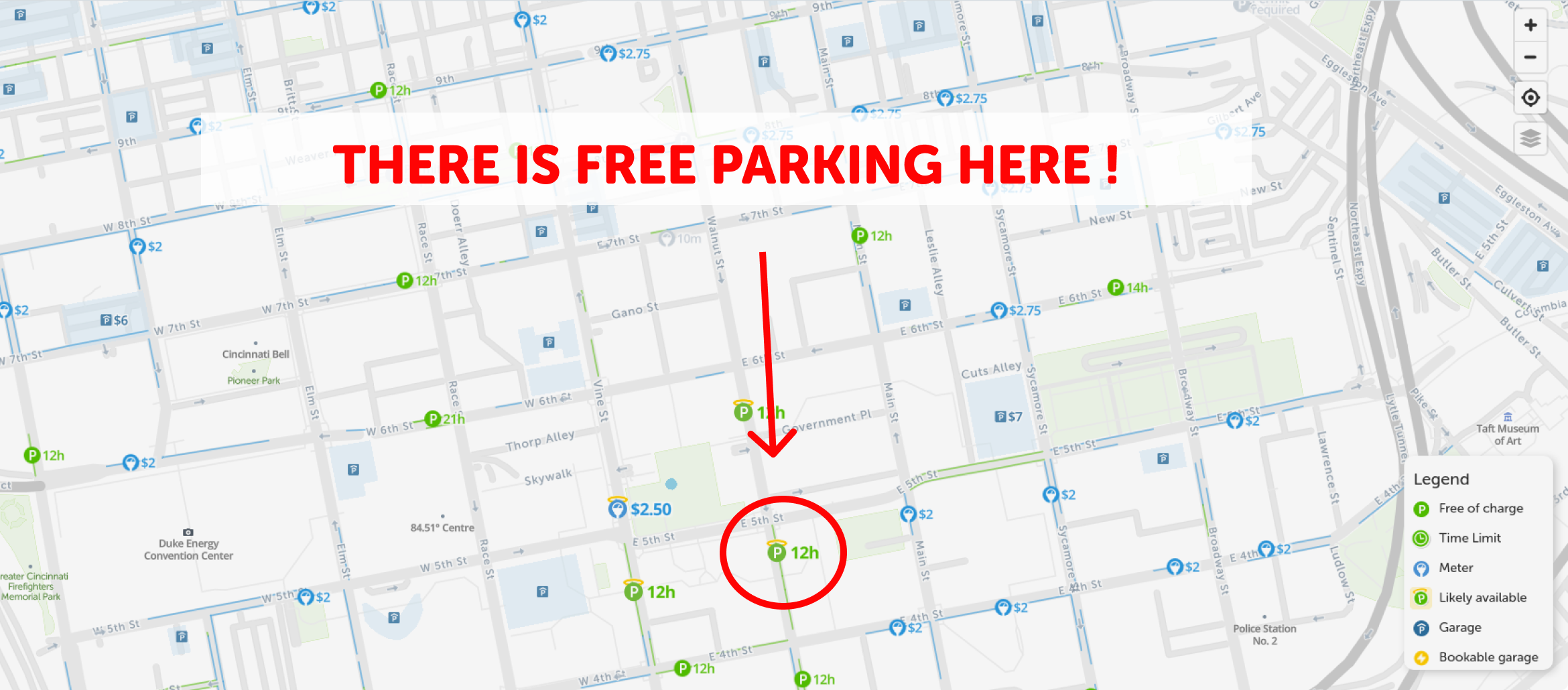 map of free parking in Cincinnati - SpotAngels