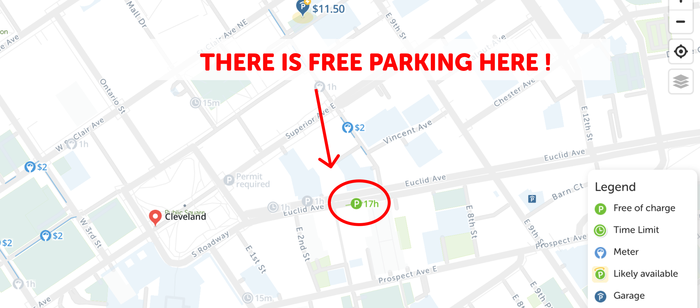 map of free parking in Cleveland - SpotAngels