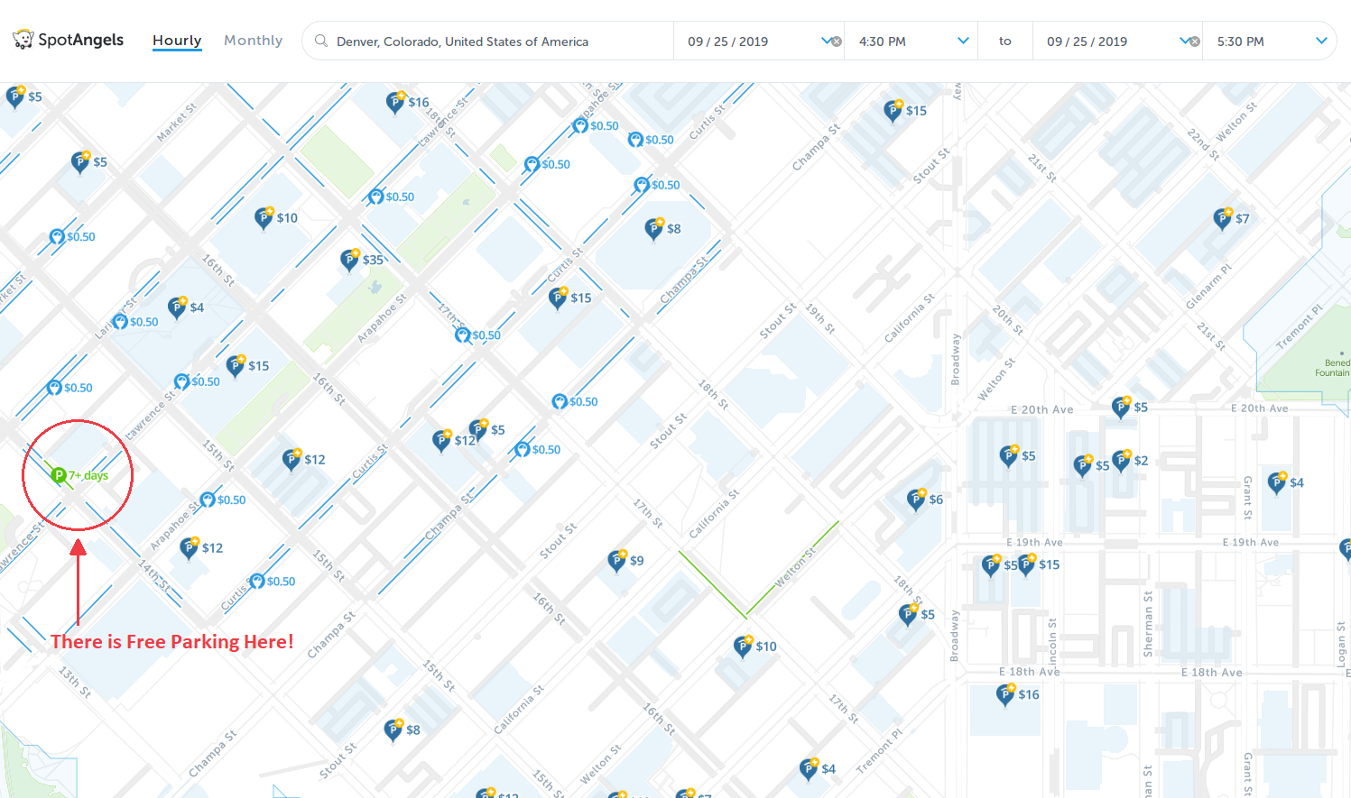 map of free parking in Denver - SpotAngels