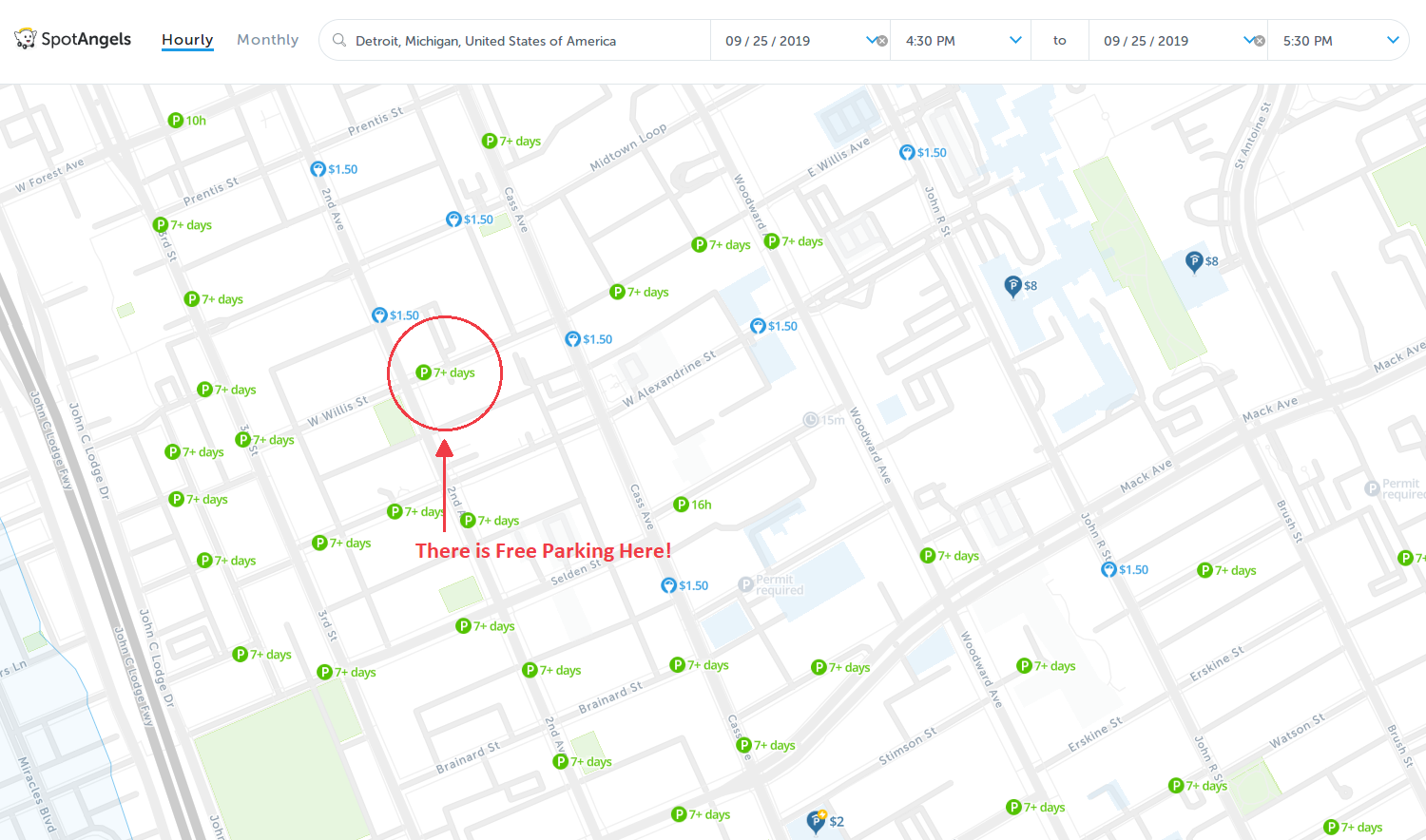 map of free parking in Detroit - SpotAngels