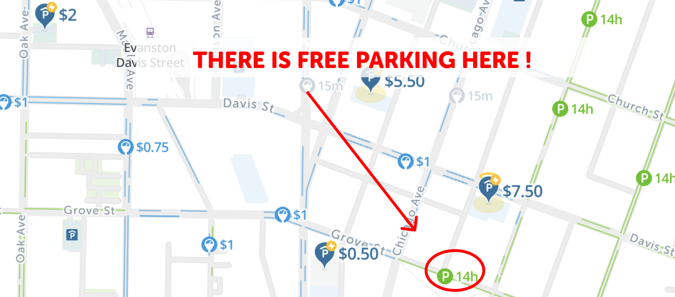 map of free parking in Evanston - SpotAngels