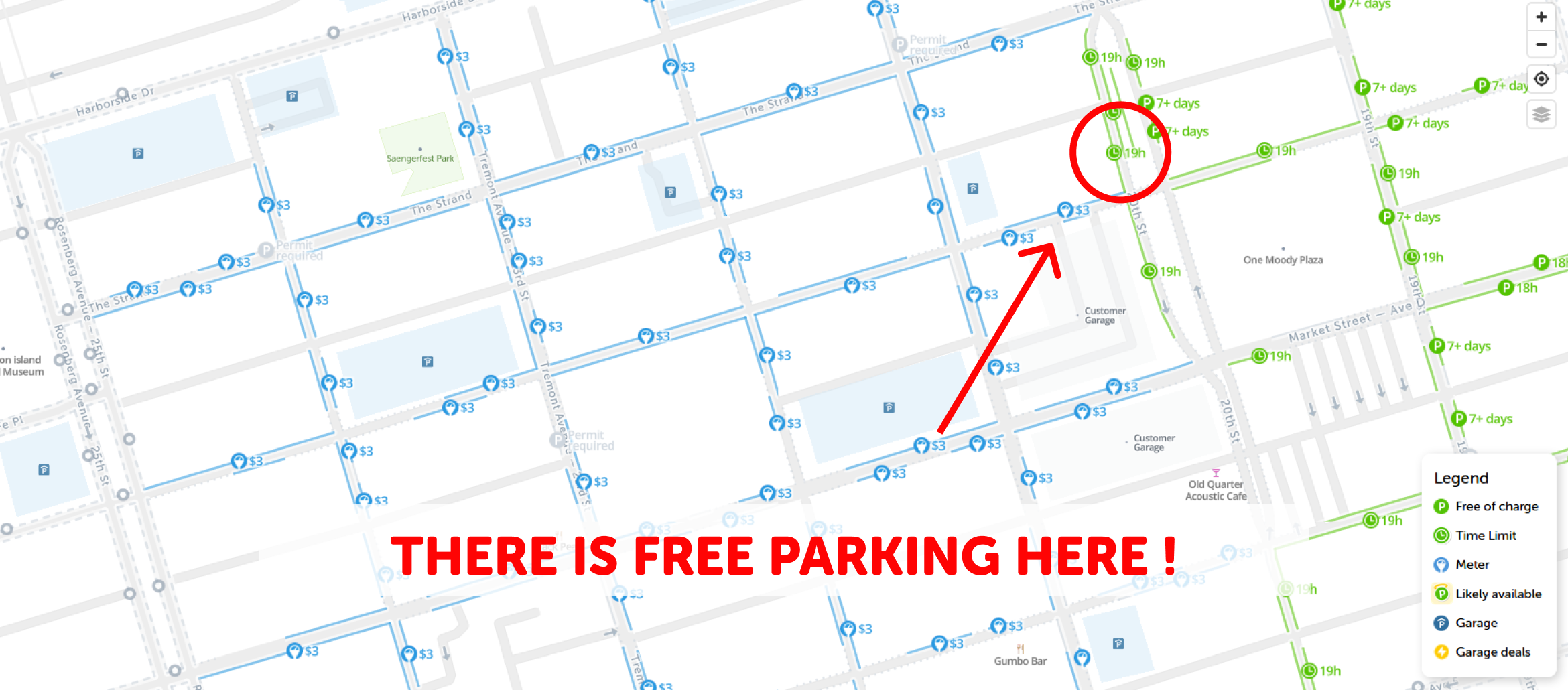 map of free parking in Galveston - SpotAngels