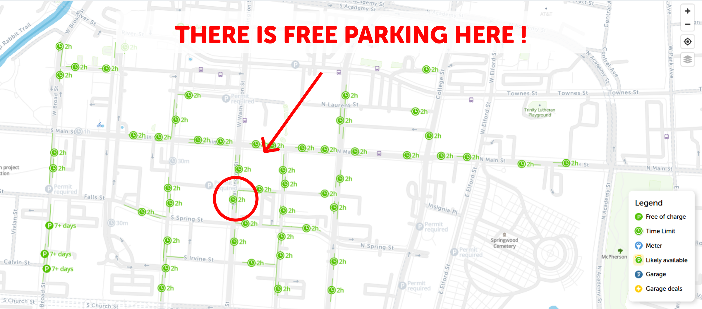 map of free parking in Greenville - SpotAngels
