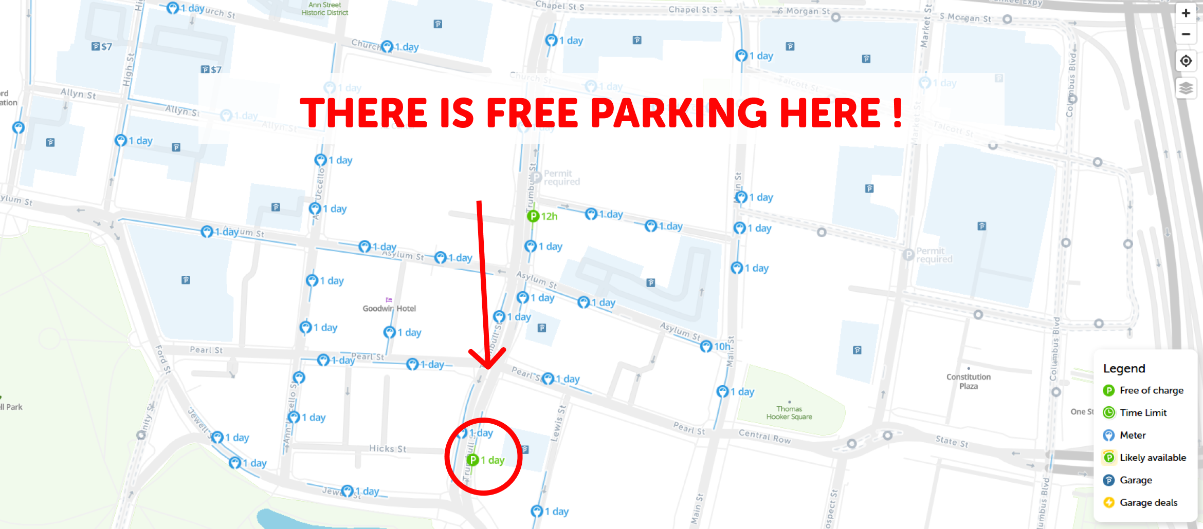 map of free parking in Hartford - SpotAngels