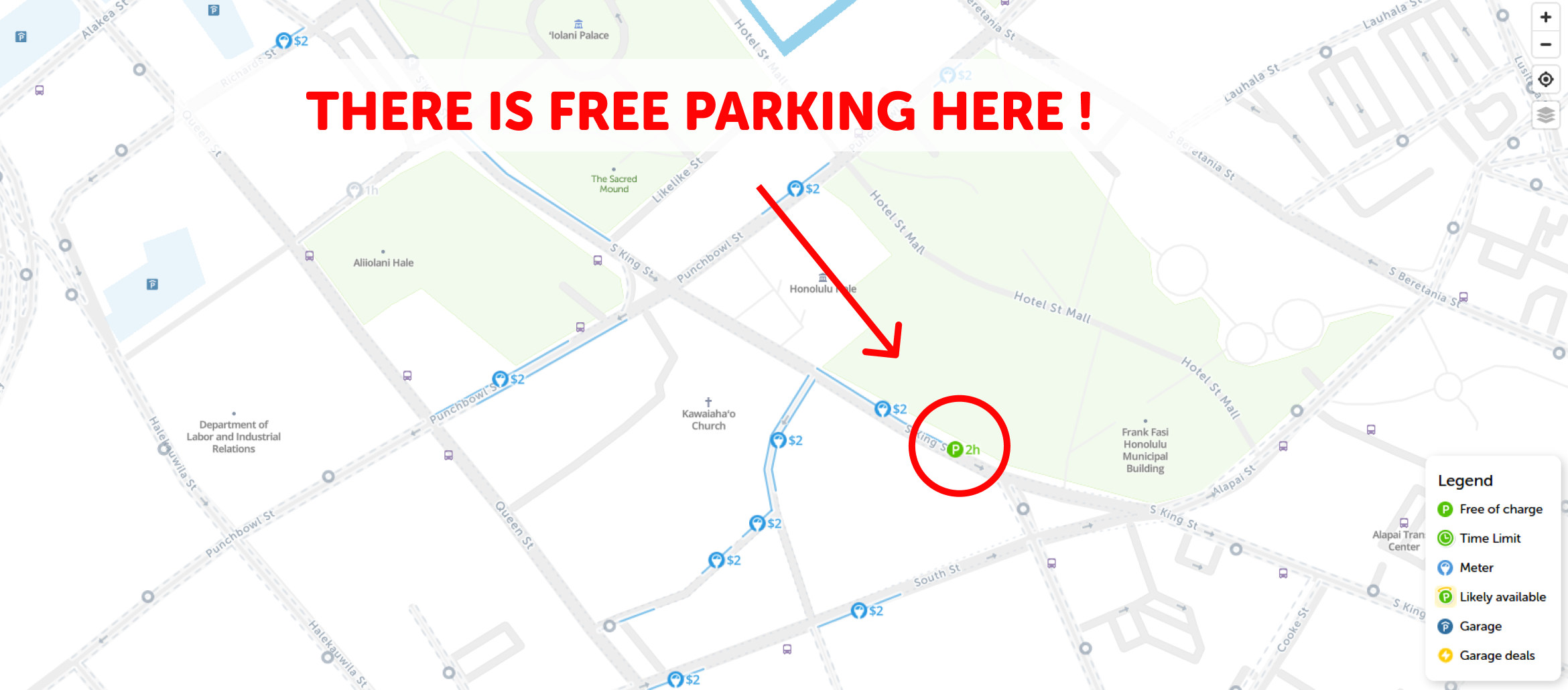 map of free parking in Honolulu - SpotAngels