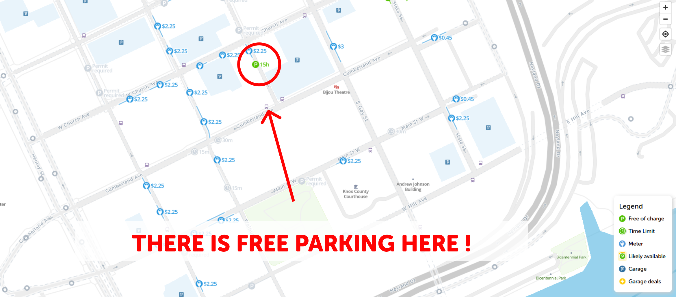map of free parking in Knoxville - SpotAngels