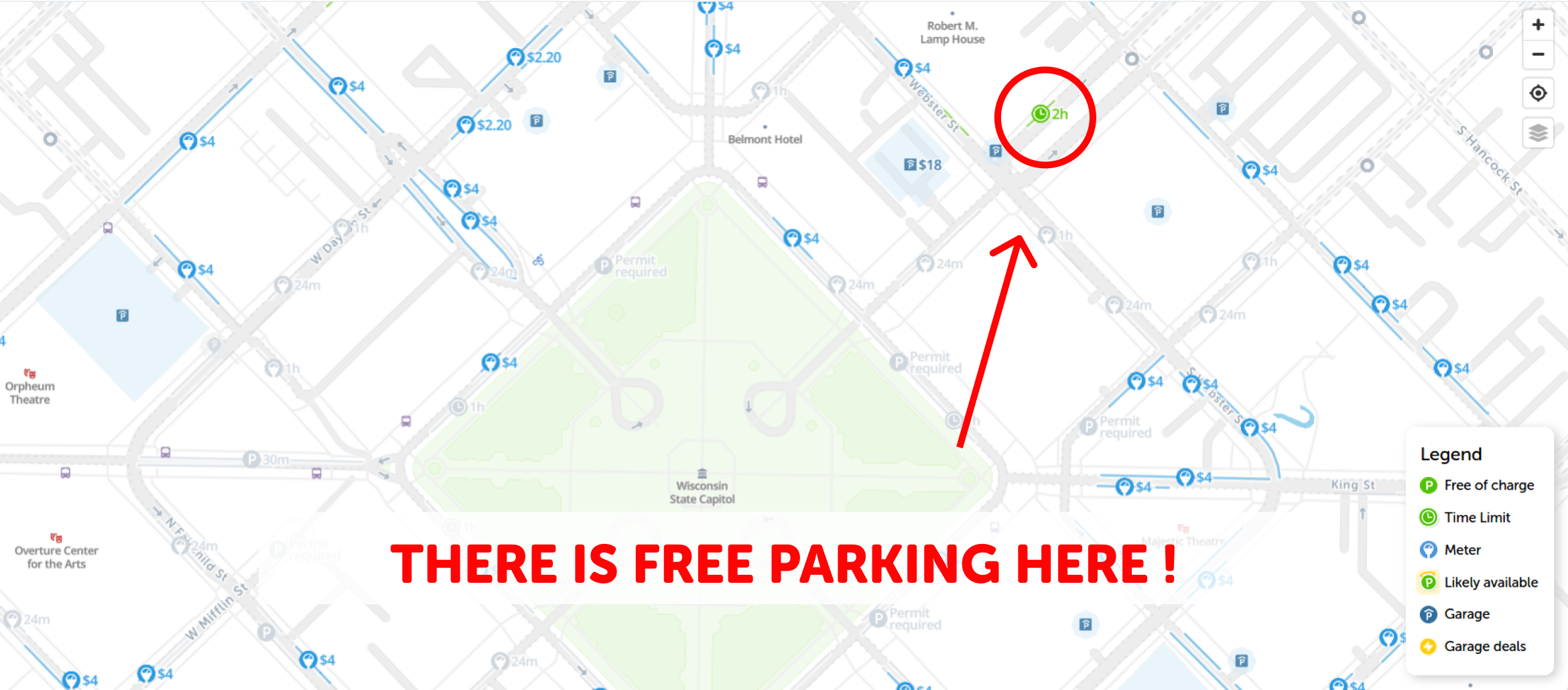 map of free parking in Madison - SpotAngels
