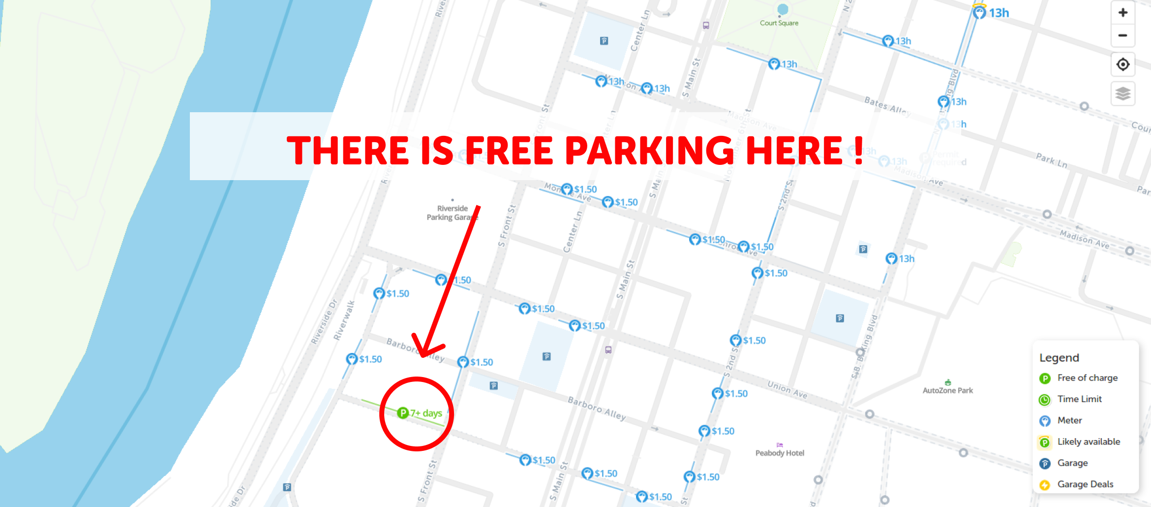 map of free parking in Memphis - SpotAngels