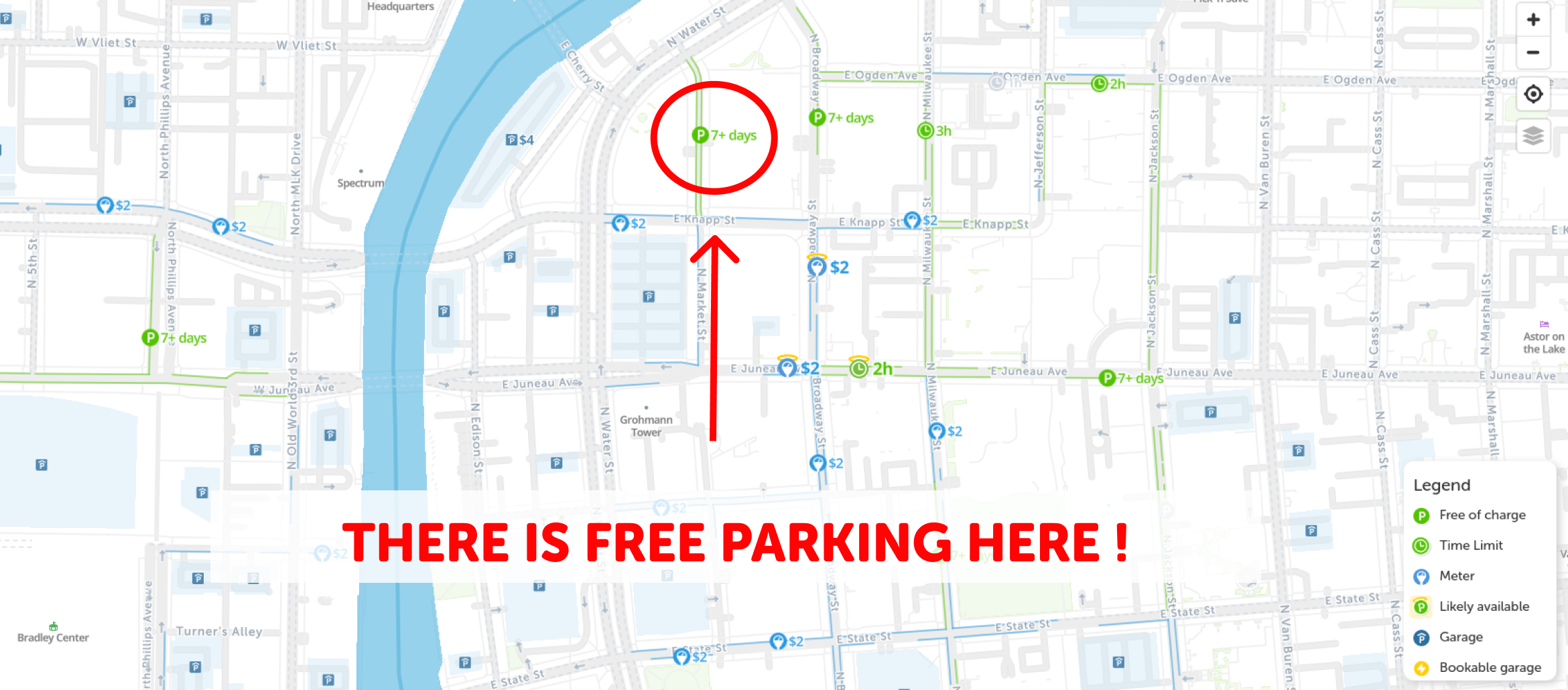 map of street parking in Milwaukee - SpotAngels