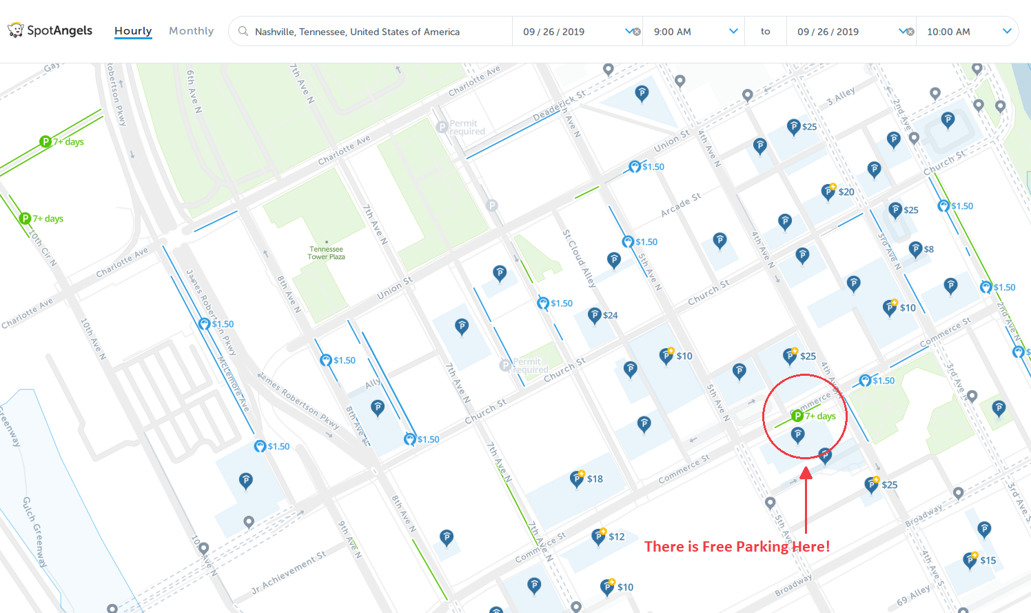 map of free parking in Nashville - SpotAngels