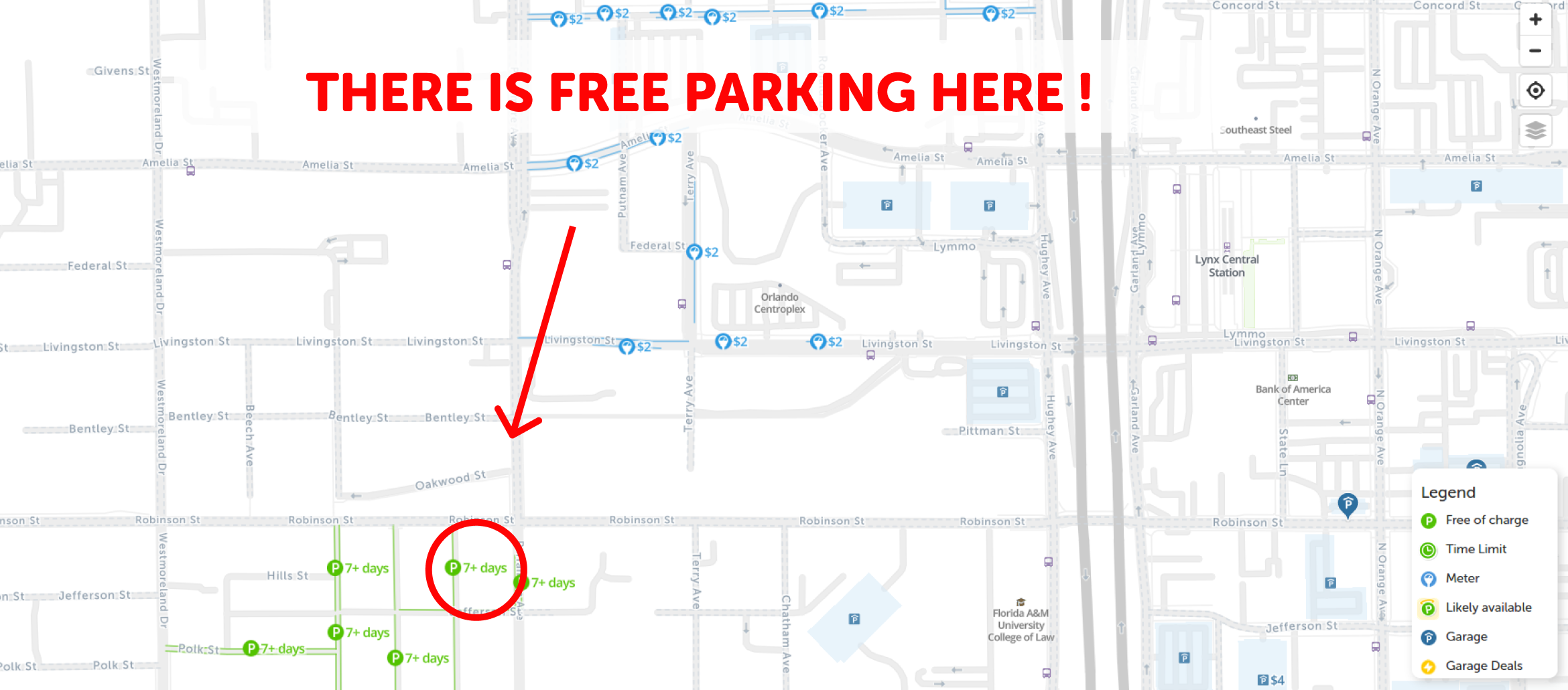 map of free parking in Orlando - SpotAngels