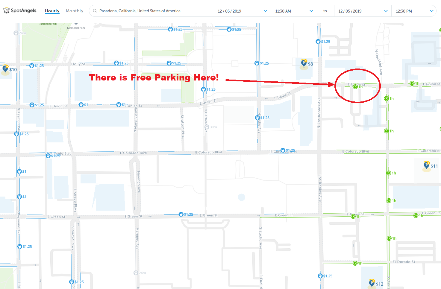 map of free parking in Pasadena - SpotAngels