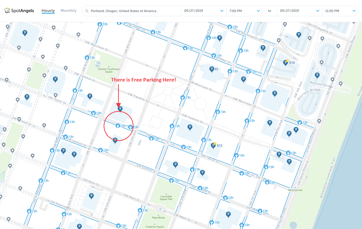 map of free parking in Portland - SpotAngels