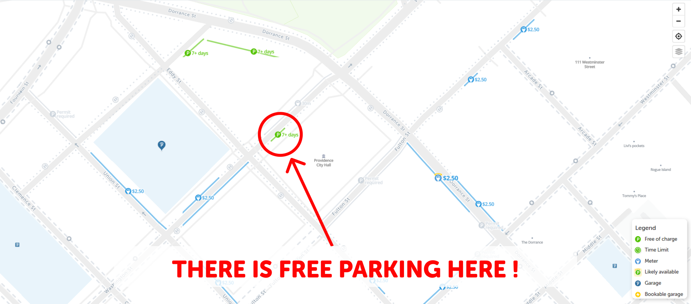 map of free parking in Providence - SpotAngels