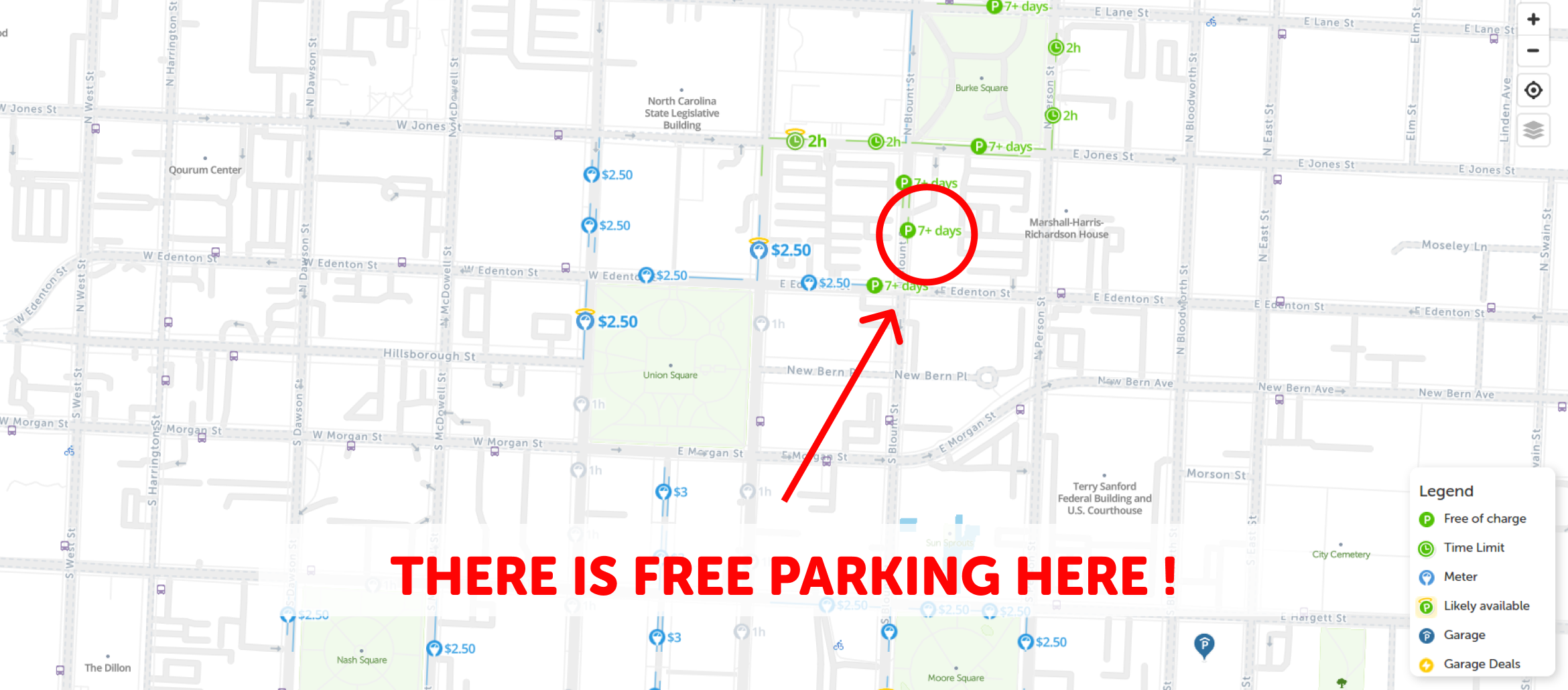 map of free parking in Raleigh - SpotAngels