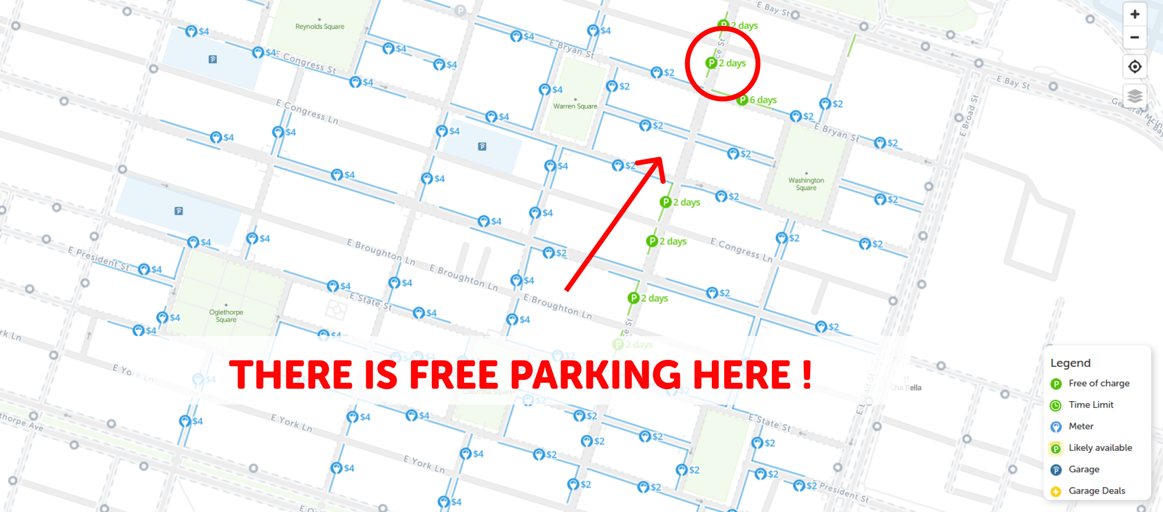 map of free parking in Savannah - SpotAngels