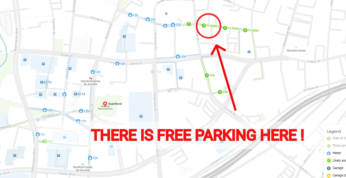map of free parking in Stamford - SpotAngels